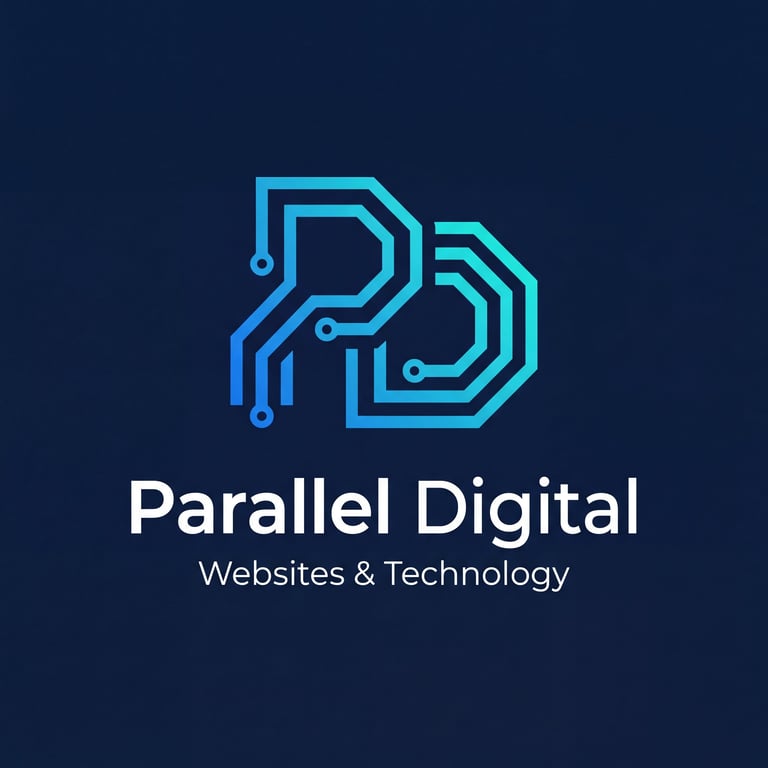 Parallel Digital logo with cyan circuit board design and text reading Websites & Technology on dark background